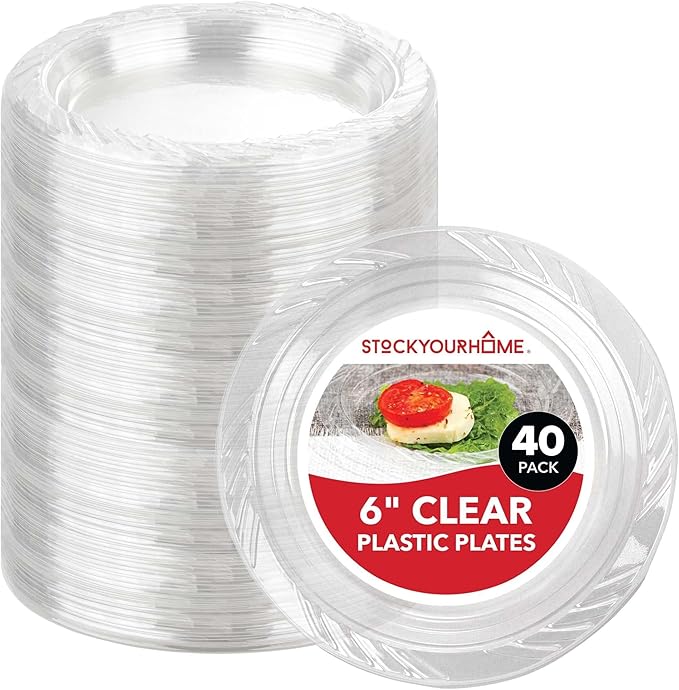 Stock Your Home 6-Inch Clear Plastic Dessert Plates (40 Pack) Flexible Disposable Clear Plates for Dessert & Appetizers, Crystal Clear Small Plates for Parties & Catering, Clear Plastic Party Plates