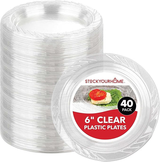 Stock Your Home 6-Inch Clear Plastic Dessert Plates (40 Pack) Flexible Disposable Clear Plates for Dessert & Appetizers, Crystal Clear Small Plates for Parties & Catering, Clear Plastic Party Plates