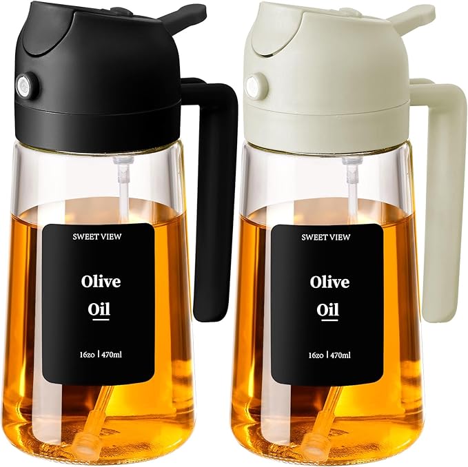 2PCS Oil Sprayer for Cooking, 16oz/470ml Glass Oil Dispenser/Pour Bottle, Kitchen Accessories, Kitchen Gadgets for Air Fryer, Salad, BBQ, with Stickers (Black,White)