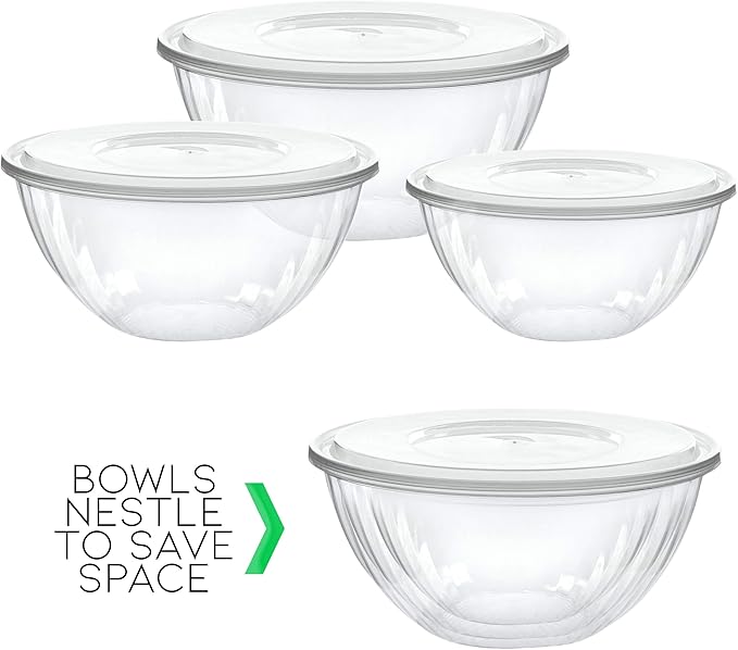 PLASTICPRO Disposable 48 Ounce Round Crystal Clear Plastic Serving Bowl With Lid - Party Snack or Salad Container, Chip and Candy Dish - Pack of 8