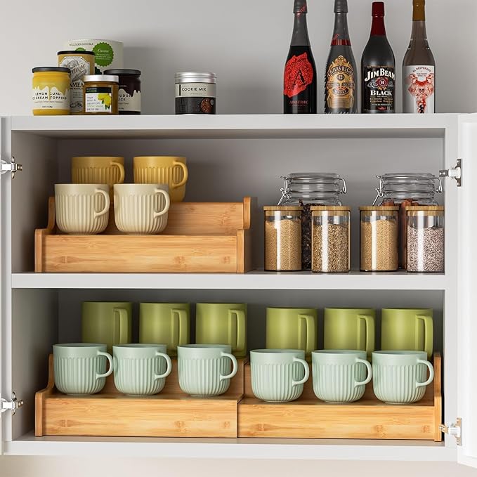 2-Tier Expandable Bamboo Coffee Mug Holder, Mug Organizer for Kitchen Cabinets, Mug Cup Rack, Multi-Functional Cup Holder Shelf, Coffee Bar Organizer, Home