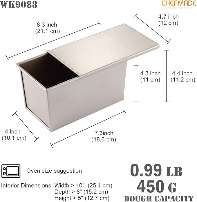 CHEFMADE Pullman Loaf Pan with Lid, 1Lb Dough Capacity Non-Stick Rectangle Flat Toast Box for Oven Baking 4.2" x 7.7"x 4.4"(Champagne Gold)