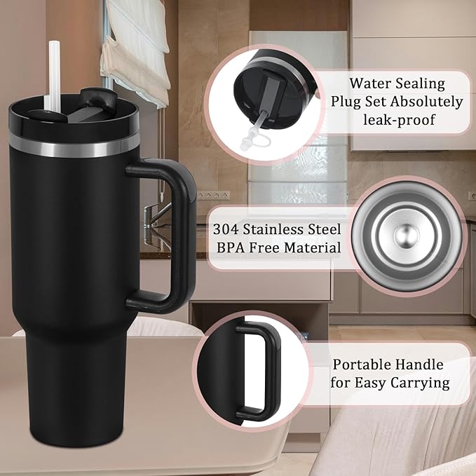 40 Oz Tumbler with Handle, Double Wall Vacuum Insulated Stainless Steel Tumbler with Lid and Straw, 40 oz cup with Silicone Spill Proof Stopper Set (Black-1)