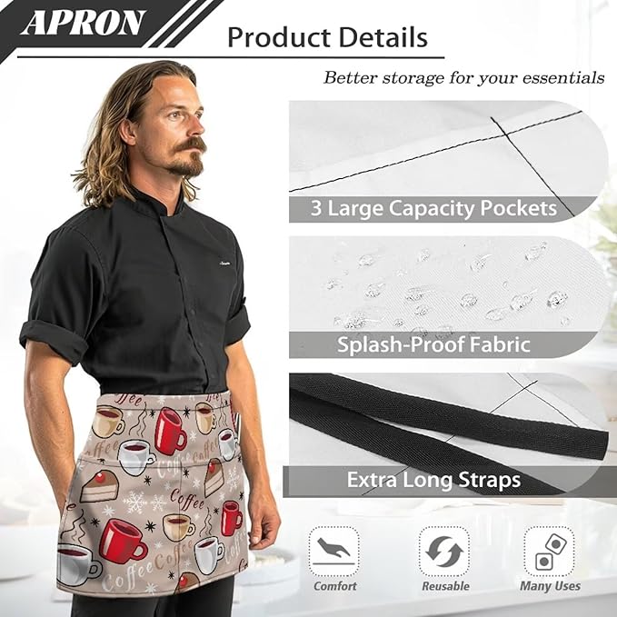 Server Waitress Waist Apron with 3 Pockets, Short Aprons for Servers,Waiter Apron For Waiter Accessories