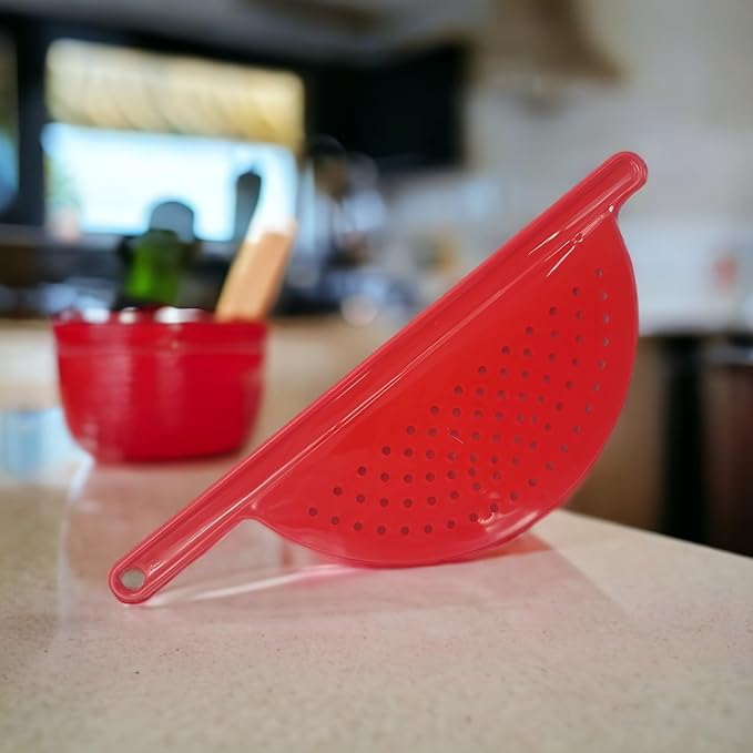Handy Housewares Handheld Plastic Pot Drainer, Noodle & Pasta Strainer with Handle - Fits up to 9" Pots - Red (3 Pack)