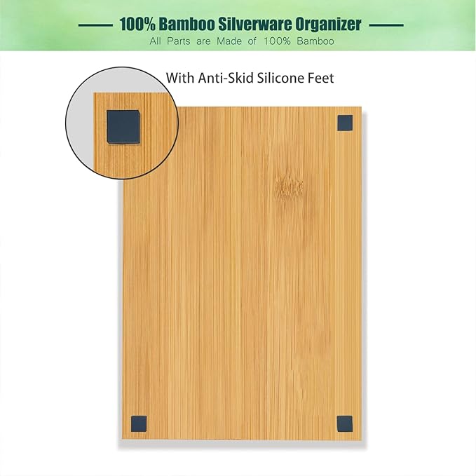 Bamboo Kitchen Drawer Silverware Organizer, 9 Inch Silverware Utensils Tray Holder for Small Drawer, Cutlery Tray, Wood Caddy for Flatware Cutlery Knives 5-Slots