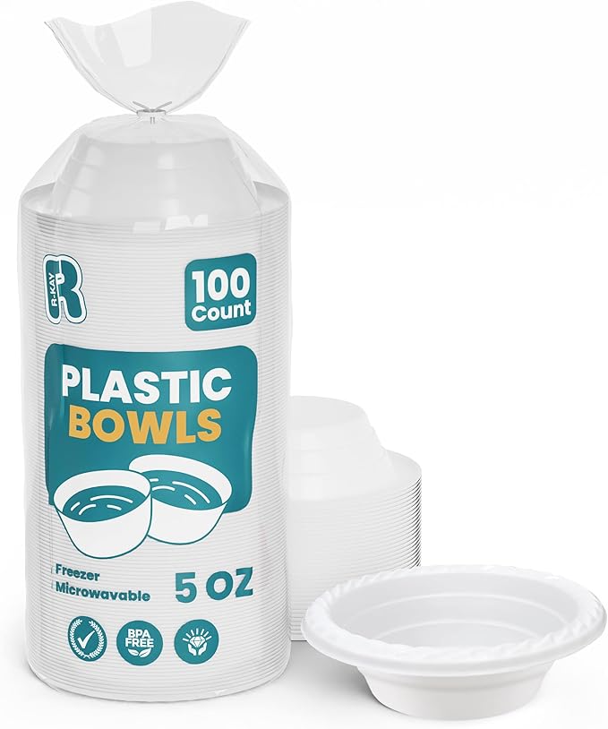 R-kay Plastic Bowls - 100 Count Microwavable Disposable Bowls - Strong Heavy Duty And Sturdy White Plastic Bowls Disposable (5 OZ, 100)