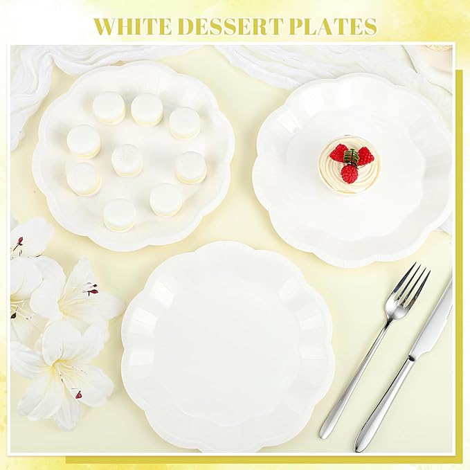 30 Pcs White Paper Plates, 9 Inch Scalloped Paper Plates Disposable Dinner Plate Dessert Cake Plate Party Supplies for Wedding Bridal Baby Shower Birthday (Pack of 2)