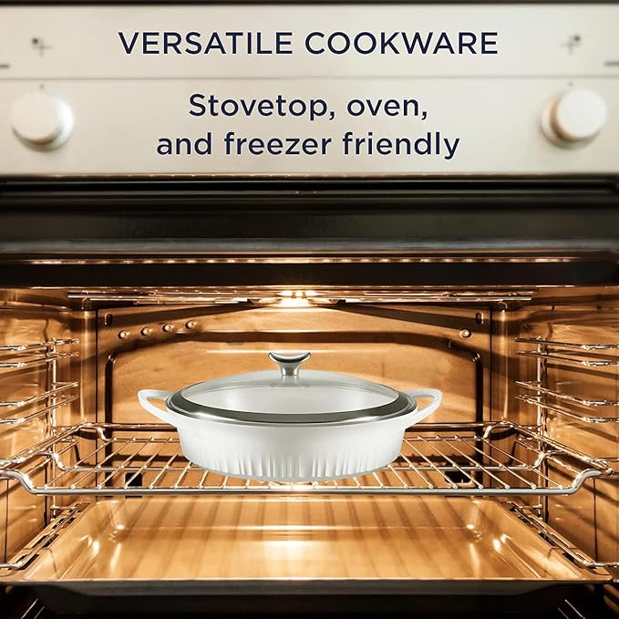 CorningWare QuickHeat 4-QT Cast Aluminum Braiser With Lid, Nonstick Ceramic Interior, Lightweight and Fast Even Heat Baking & Cooking, For Meats, Soup, Browning, Searing, French White