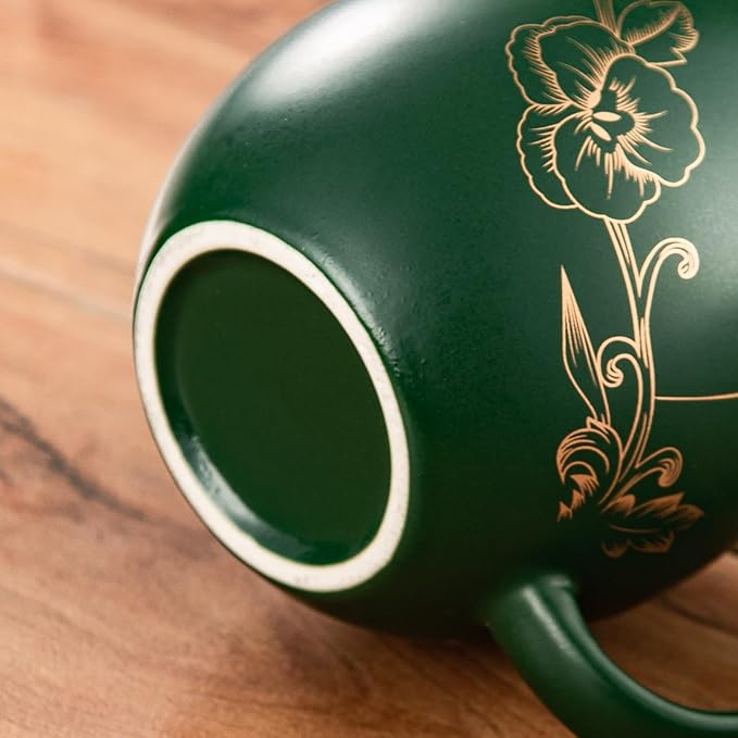 Yundu 12 OZ Ceramic Mug with Lid & Tea Strainer - Matte Green Tea Cup with Golden Flower, Stainless Steel Infuser for Loose Leaf Tea