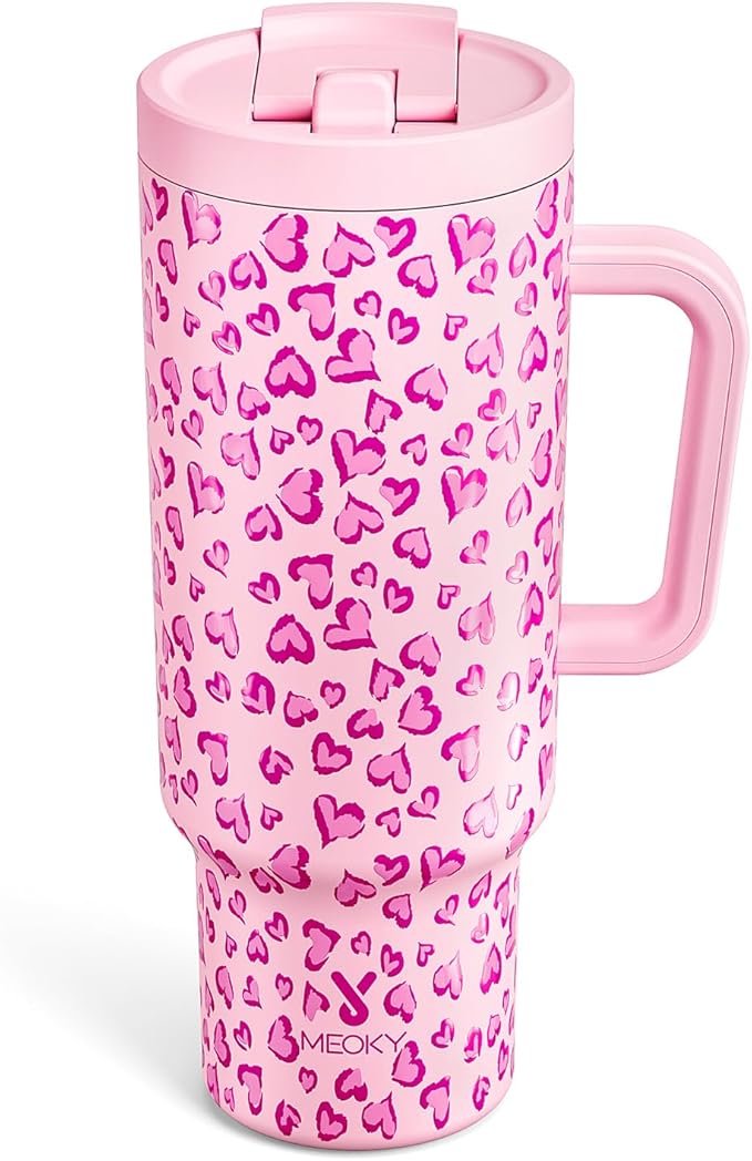 Meoky 40 oz Tumbler with Handle and Flip Straw, 100% Leakproof Tumbler with Lid and Straw, Stainless Steel Insulated Cup, Cupholder Friendly, Keeps Cold for 34 Hours (Love)