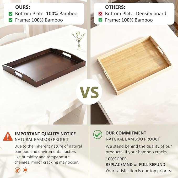 Bamboo Serving Tray with Handles, Set of 2 Large Wood ServingTrays for Food & Coffee, Elegant Wooden Tray for Breakfast in Bed, Kitchen & Party - Black Walnut Finish