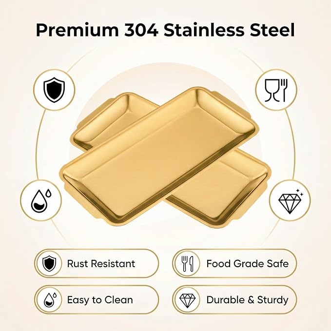 3-Piece Gold Serving Trays,304 Stainless Steel Heavy Duty Rectangular Platters,12.6 Inch Metal Food Server Set,Chip & Scratch Resistant,Rustproof Commercial Grade for Party, Wedding,Buffet,Christmas