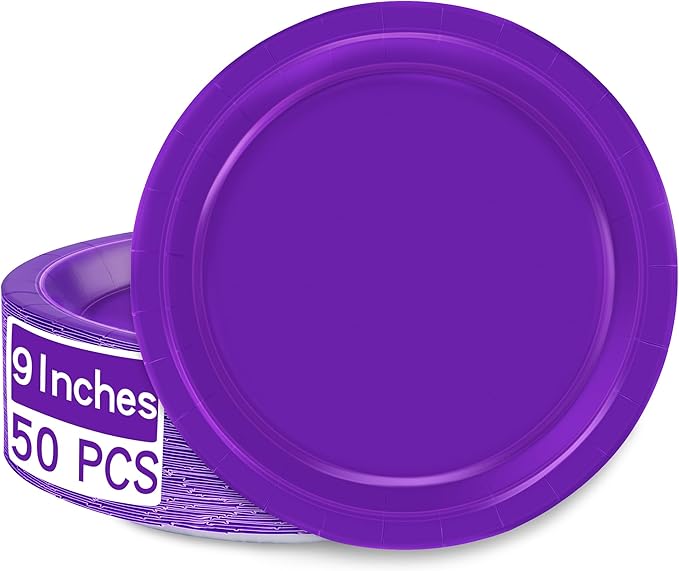 Disposable Paper Plates Set, 50 PCS Purple Dinner Paper Plates, Round 9 Inches Party Plates Pack for Daily Meal Picnic Anniversary Mardi Gras Carnival Festival Gathering Party Supplies