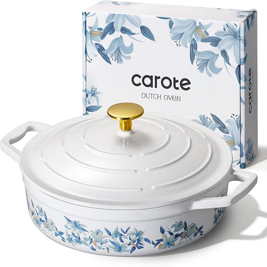 CAROTE 3.5QT Shallow Dutch Oven, Enameled Flora Cast Iron Braiser Pan Casserole Skillets with Lid, Versatile Heavy-Duty Cookware for Sourdough Bread Baking, Braising, Stews, Roasting, All Stovetop Compatible, Oven Safe up to 500° F, White & Blue