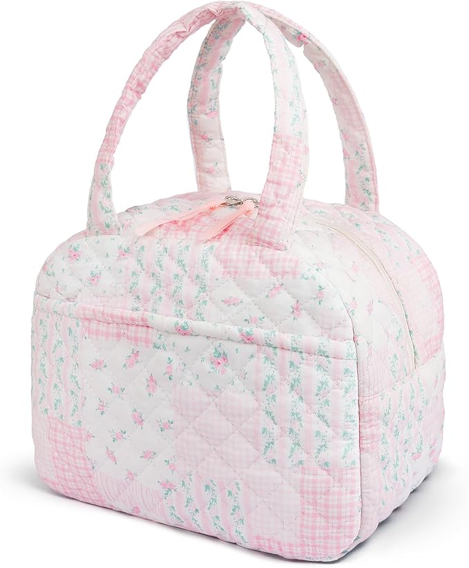 Quilted Lunch Box for Women,Coquette Aesthetic Lunch Box for Teen Girls,Cute Pink Floral Patchwork Lunch Bags for Work, School,Office,Picnic,Travel (pink floral pin)