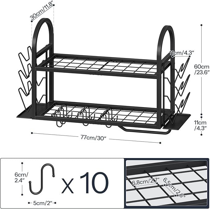 HOOBRO 30 Inch Pot Rack Wall Mounted, 2 Tier Pots and Pans Organizer with 6 Lid Holders and 10 Hooks, Wall-Mounted Pan Hanger with Towel Bar, for Kitchen Cookware Utensils Storage, Black BB100TL01