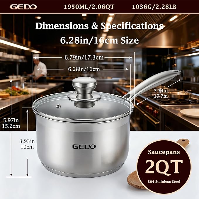 GEDO Food-Grade 316L Stainless Steel Sauce Pan with Glass Lid, 3-Ply Integrated Body Uncoated Cooking Pot, Universal for Induction Gas Ceramic Stovetops, Multi-Purpose Kitchen Cookware (2, Quarts)