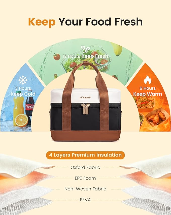 LOVEVOOK Insulated Lunch Bag for Women & Men - Cooler Lunch Tote and Lunch Box for Work and Travel, Black