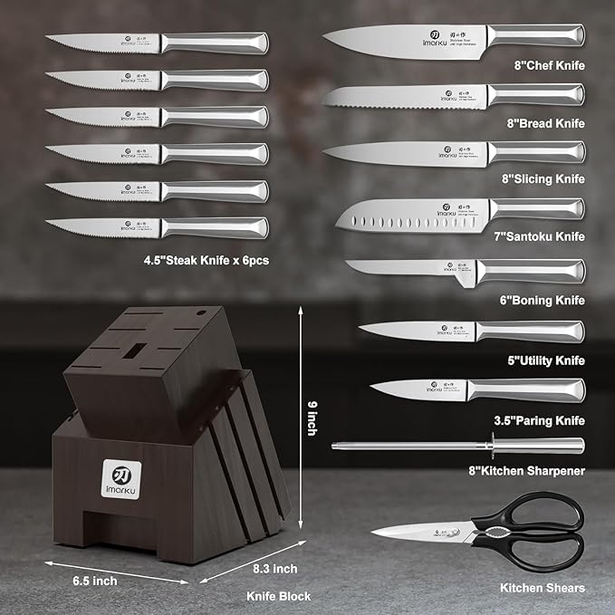 imarku Knife Set, 16 PCS High Carbon Japanese Stainless Steel Knife Sets for Kitchen with Block, Ultra Sharp Kitchen Knife Set with Sharpener Chef Knife Sets, Dishwasher Safe, Best Gifts