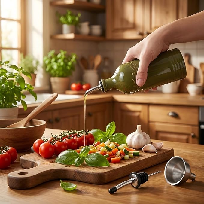 ONEMORE Ceramic Olive Oil Dispenser Bottle with Pour Spouts & Funnel, 17 oz Refillable Kitchen Oil Dispenser for Cooking, Drizzling, Dressing, Modern Leakproof Oil and Vinegar Dispenser, Olive Green