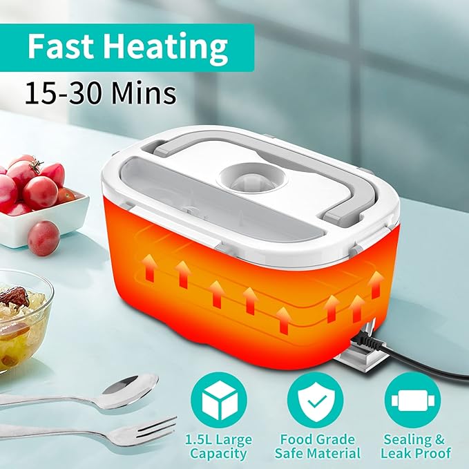 Electric Lunch Box, Food Warmer Heater 12V 24V 110V, 80W Faster Heated Lunch Box for Car/Truck/Home Portable Heating Boxes with 1.5L 304 SS Container Fork & Spoon, White+Gray