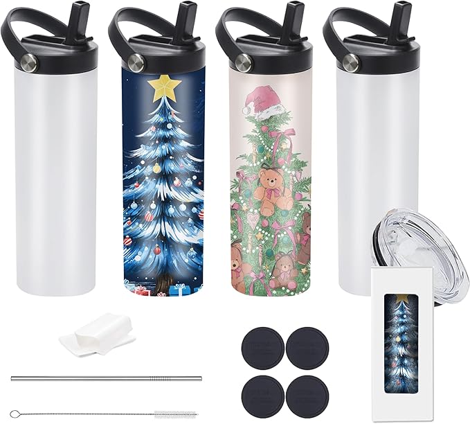 20oz sublimation sport tumblers blanks with two lids，flat edge sublimation tumblers，double wall stainless steel insulted cup，for Heat Transfer, White (4, with flex handle lid)