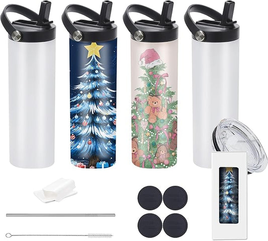 20oz sublimation sport tumblers blanks with two lids，flat edge sublimation tumblers，double wall stainless steel insulted cup，for Heat Transfer, White (4, with flex handle lid)