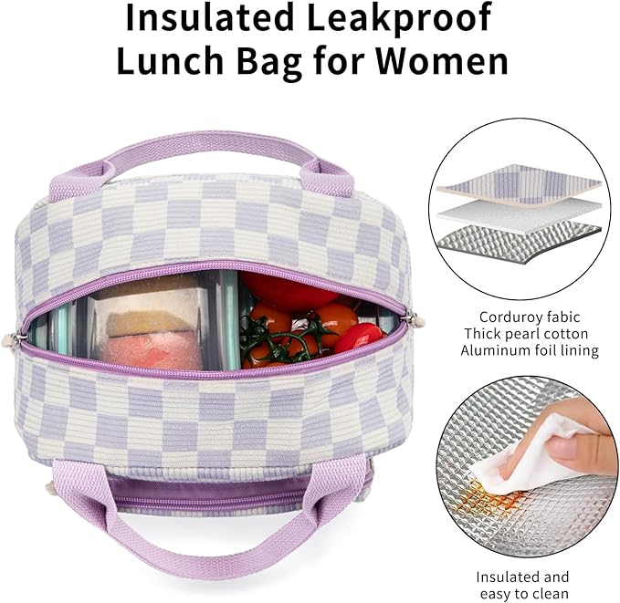 Lunch Bag Women Lunch Box for Women Adult Cute Insulated Lunch Bag Small Cooler Lunch Tote Bags for Work Picnic Travel(Beige-Purple Plaid)