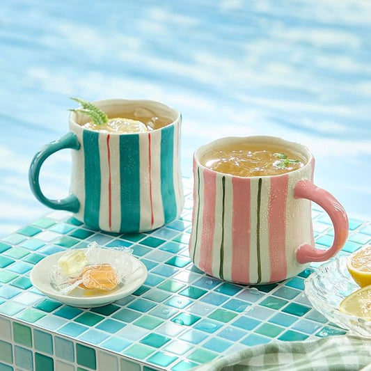 Striped Ceramic Coffee Mugs Set of 2, Pink and Green Stackable Stoneware Mugs for Morning Coffee, Tea & Cocoa, 12oz Dishwasher & Microwave Safe Mug Gift Set for Home & Office