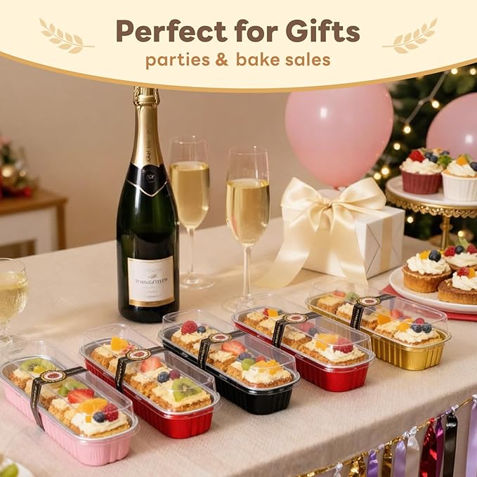 120 Pack Mini Loaf Pans with Lids and Spoons, 4-Color Assorted Aluminum Foil Baking Cake Tins (Black, Pink, Red, Yellow) - 6.8oz Disposable Mini Cake Pans for Baking, Gifting & Parties
