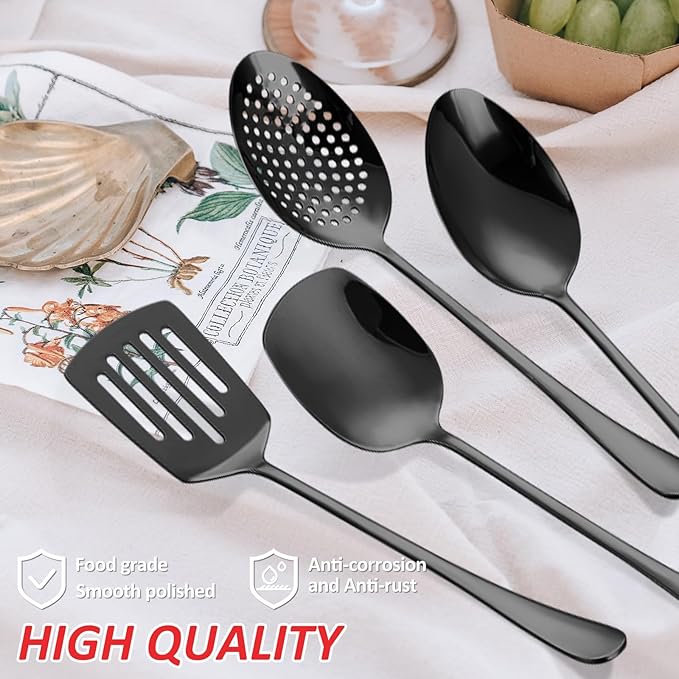 Black Stainless Steel Kitchen Utensils Set 11 Pcs Cooking Utensils Hostess Serving Heat Resistant Kitchen Essentials Metal Kitchen Gadgets Accessories,for Buffet,Wedding,Party Dishwasher Safe