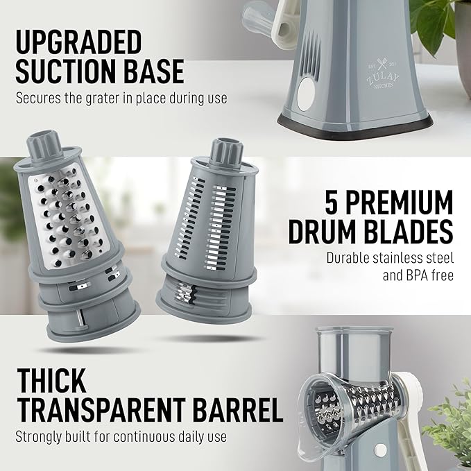 Zulay Kitchen Rotary Cheese Grater 5 Blade Cheese Shredder - Manual Hand Crank Cheese Grater With Reinforced Suction & 5 Interchangeable Drums - Easy to Use, Vegetable Chopper Round Mandoline Slicer