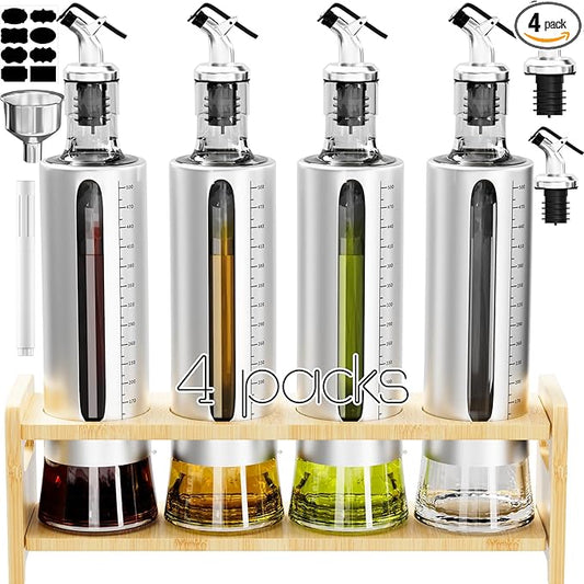 Oil Dispenser Bottle, 4 Pack Glass Olive Oil Dispenser Bottle with Shelf, 17oz/500 ml Oil and Vinegar Dispenser Set Wrapped in Stainless Steel Shell with Pourers, Funnel & Pen and Tags