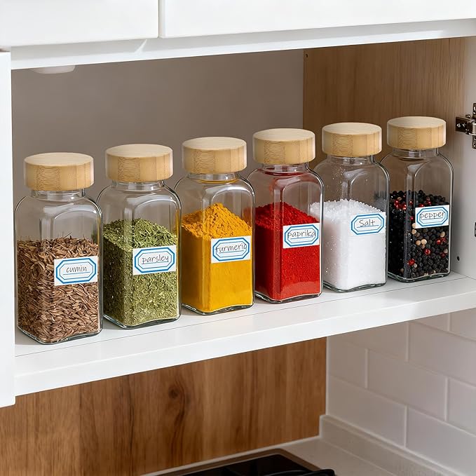 Segarty 6oz Spices Jars with Bamboo Shaker Lids, 2 PCS 180ml Square Spice Containers, Empty Glass Seasoning Organizers for Spices Herbs Storage, Large Salt and Pepper Shakers with 7 Stickers, 1 Brush