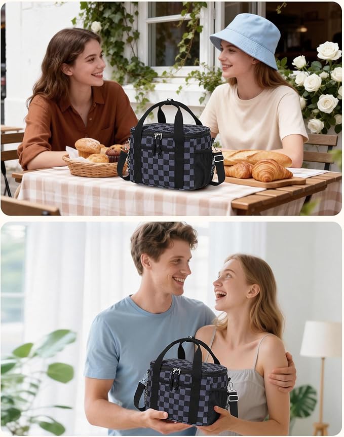 LOIDOU Lunch Box for Women Men Insulated Corduroy Lunch Bag Cooler Leakproof Reusable Adult Lunchbox Adjustable Strap lunch tote for Work Office Picnic, Gray-Black Grid