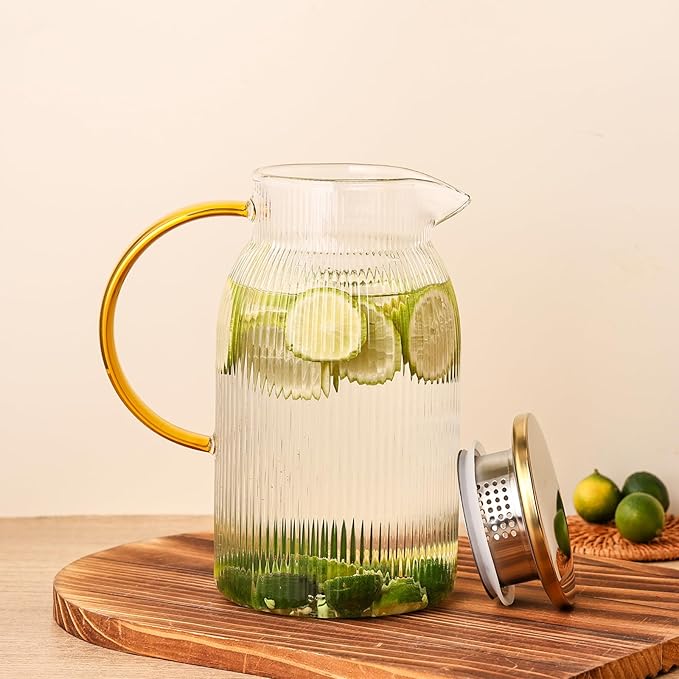 Ribbed Glass Pitcher With Lid and Spout, Glass Water Jugs With Handle, Water Carafe for Hot and Cold Beverage, Brew, Iced Tea, lemonade, Juice, Coffee, Milk, 1.4 Liter 47 Ounce, Borosilicate