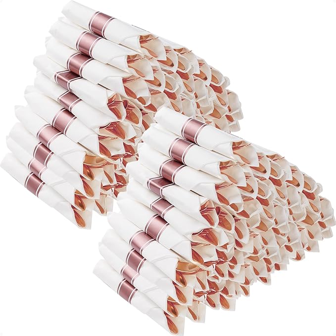 Goodluck 100 Pack Pre Rolled Rose Gold Plastic Silverware, Wrapped Cutlery Set with Napkin Include 100 Forks, 100 Knives, 100 Spoons and 100 Napkins, Fancy Disposable Silverware for Party, Wedding