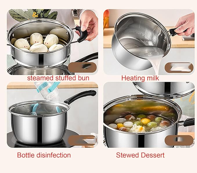 Stainless Steel Thin Saucepan, 1.3 Quart Long Handle Milk Pot with Lid for Warming, Cooking and Boiling Milk, Spaghetti, Soup in Kitchen and Outdoor (18cm)