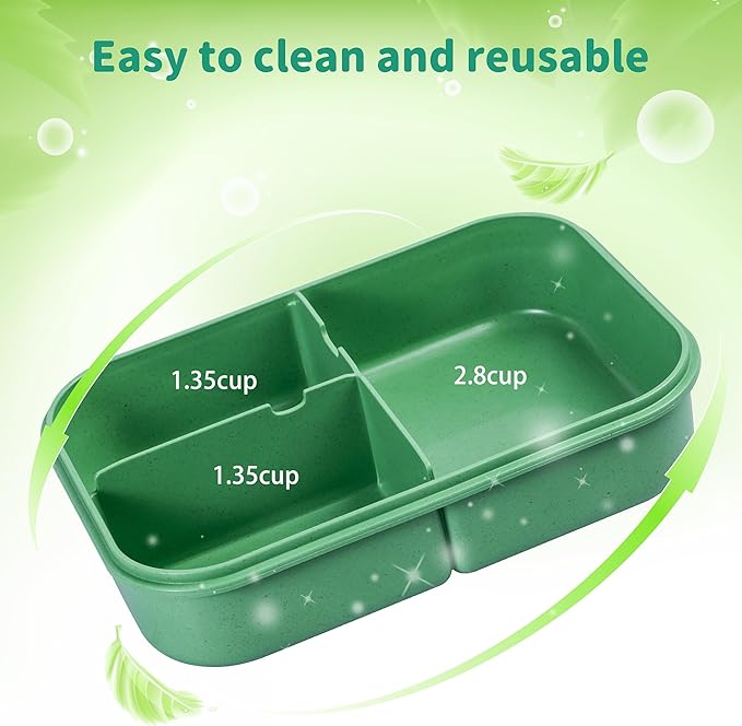 Wheat Straw Lunch Box, Leakproof 3-Compartment Bento Box for Kids & Adults, BPA-Free, Microwave & Dishwasher Safe, 5.5 Cup/1400 ml, Sage Green