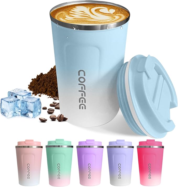 Travel Coffee Mugs Leak-Proof, Reusable Coffee Cups with Lids, Stainless Steel Vacuum Insulated Coffee Tumblers, Thermal Insulation Cup for Men & Women Hot & Cold Drinks(2nd-Blue White, 12OZ)