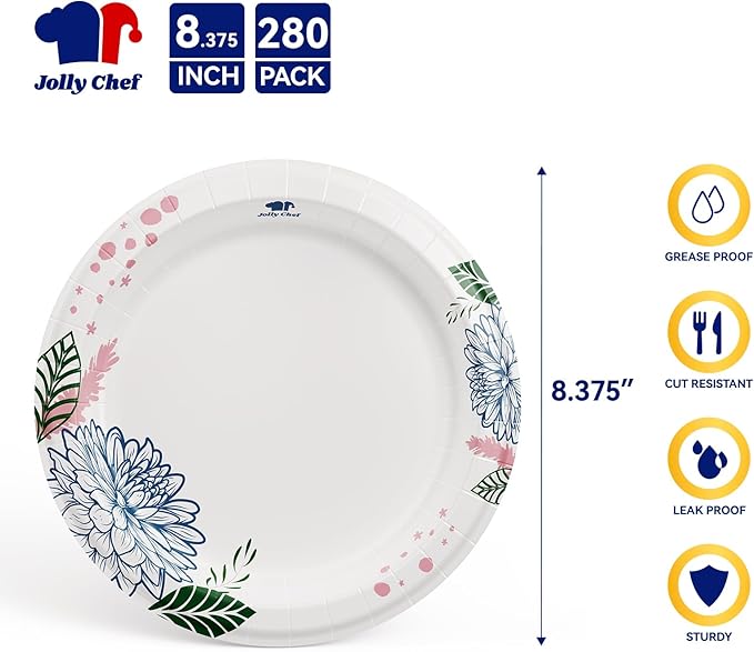 JOLLY CHEF 280 Count Paper Plates 8.37 inch Soak Proof, Cut Proof, Heavy Duty Flower Printed Disposable Paper Plates for Everyday Use, Thanksgiving, Christmas Day