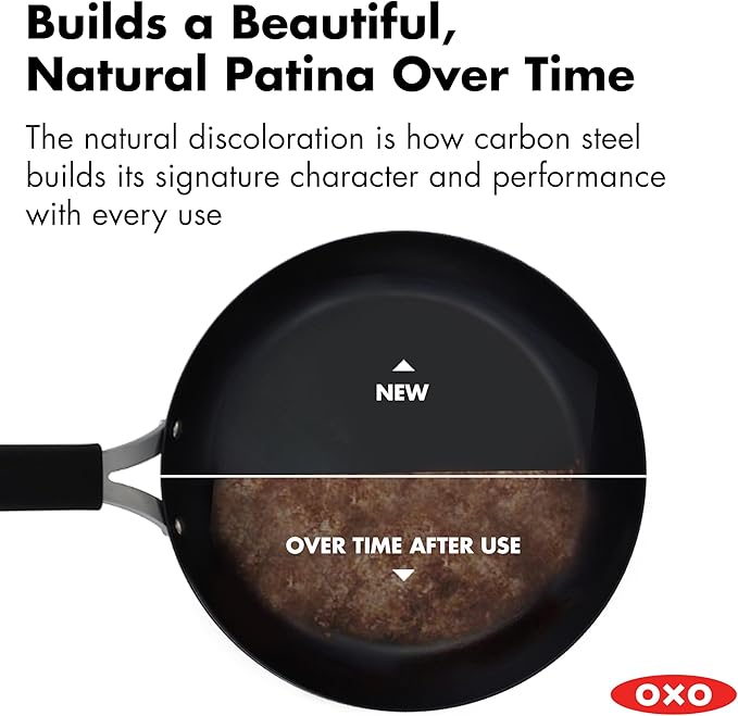 OXO Obsidian Pre-Seasoned Carbon Steel, 10" Frying Pan Skillet with Removable Silicone Handle Holder, Induction, Oven Safe, Black
