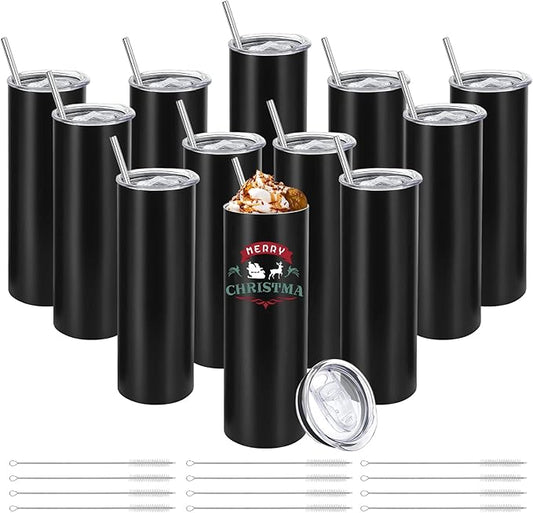 YOUKE OLA 12 Pack Stainless Steel Skinny Tumblers Bulk Straight Double Wall Insulated Tumbler with Lid and Straw for, DIY, Black, 20oz