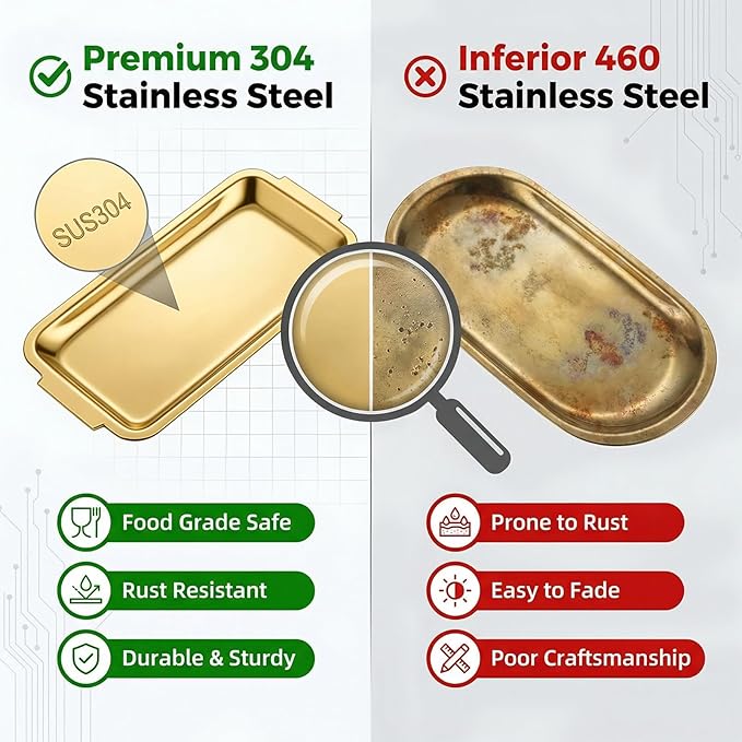 3-Piece Gold Serving Trays,304 Stainless Steel Heavy Duty Rectangular Platters,12.6 Inch Metal Food Server Set,Chip & Scratch Resistant,Rustproof Commercial Grade for Party, Wedding,Buffet,Christmas