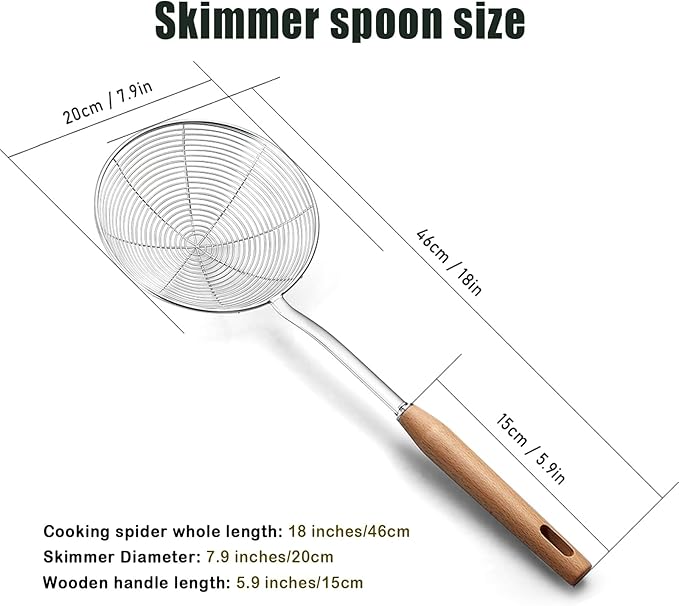 Spider Strainer, Cooking Spider,7.9-inch Extra Large Spider Spoon with Wood Handle, Stainless Steel Spider Cooking Utensil for Cooking and Frying