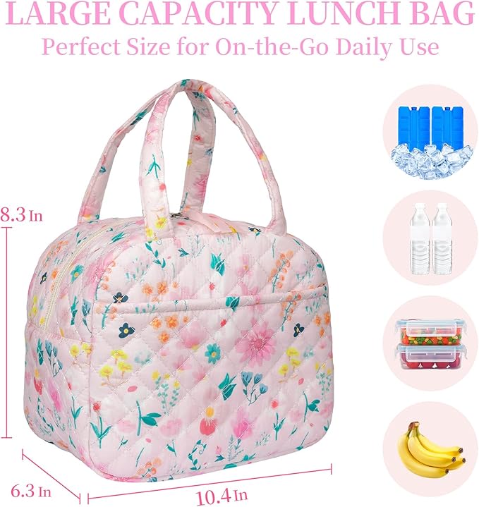 Quilted Lunch Box for Women,Coquette Aesthetic Lunch Box for Teen Girls,Cute Floral Lunch Bags for Work, School,Office,Picnic,Travel (Watercolor floral)