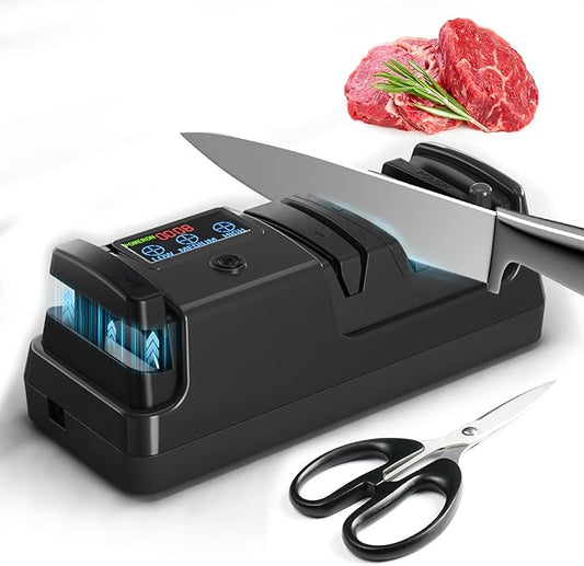 5-in-1 Electric Knife Sharpener for Kitchen Knives, with 100% Diamond Abrasives, 3 Adjustable Speeds, Quickly Sharpening for Straight/Serrated/Kitchen Knives, Scissors