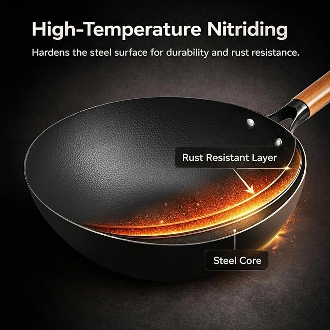 WANGYUANJI 12.6" Carbon Steel Wok with Glass Lid & Detachable Wood Handle, Heavy Duty Thick Gauge Flat Bottom Wok Pan for Induction, Gas & Electric Stoves, Unseasoned Asian Stir Fry Pan