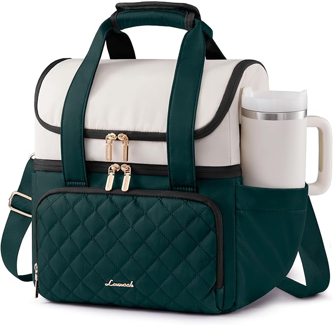 LOVEVOOK Insulated Lunch Bag For Women,Large Double Deck Adult Lunch Box,Teacher Lunch Tote Bag With Cup Holder,Leakproof Cooler Bag With Adjustable Shoulder Strap For Work Picnic Beach,Larger 15L
